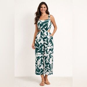 Maurices XS Green White Leaf Print Cutout Jumpsuit Wide Leg Summer Boho